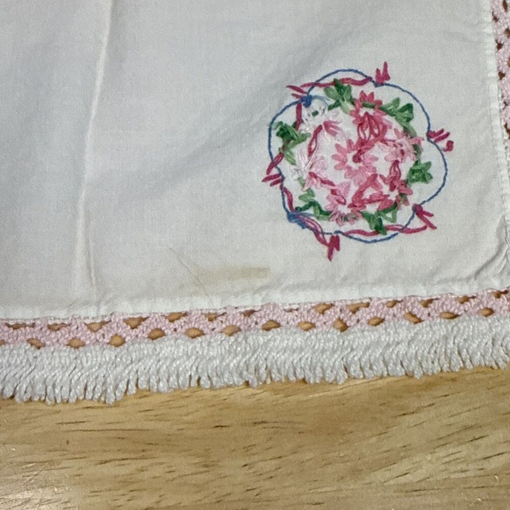 Vintage Hand Embroidered Floral Dresser End Table Scarf 10”x10” - Picture 6 of 7